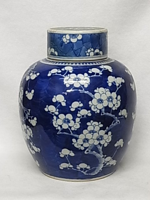 19th Century Hawthorne Pattern Ginger Jar with Lid: Description: 19th Century Hawthorne Pattern Ginger Jar with Lid Blue & White Pottery Porcelain Chinese Export Provenance Florida Gulf Coast Collection of Chinese, Japanese and Southeast Asian Pottery 