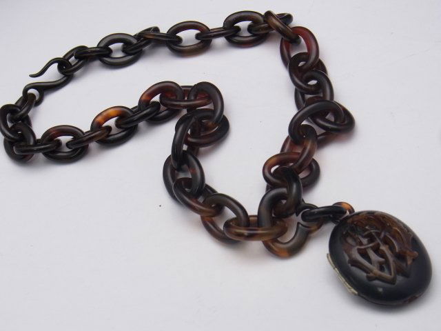 Late 19th Century Carved Tortoise Shell Necklace w: Late 19th Century Carved Tortoise Shell Necklace w/ Reticulated Monogrammed Locket Circa 1895 w/ Antique Civil War Era Style Gentleman Photograph Description: Fabulous quality. Victorian style monog