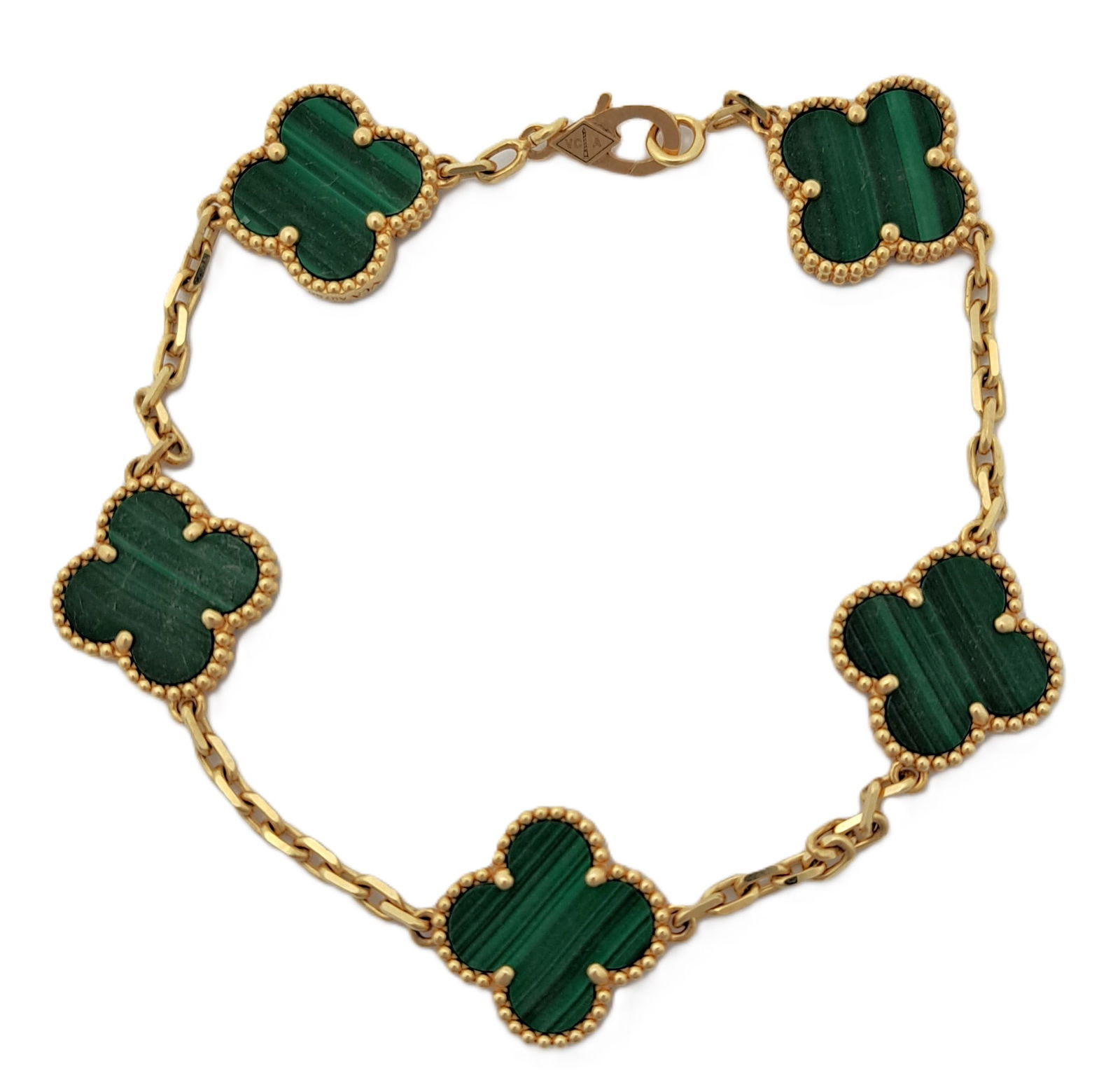 Stamped VCA 18k Gold Malachite Alhambra Quatrefoil Van Cleef & Arpels Designer Bracelet 5 Motifs (1 of 6)