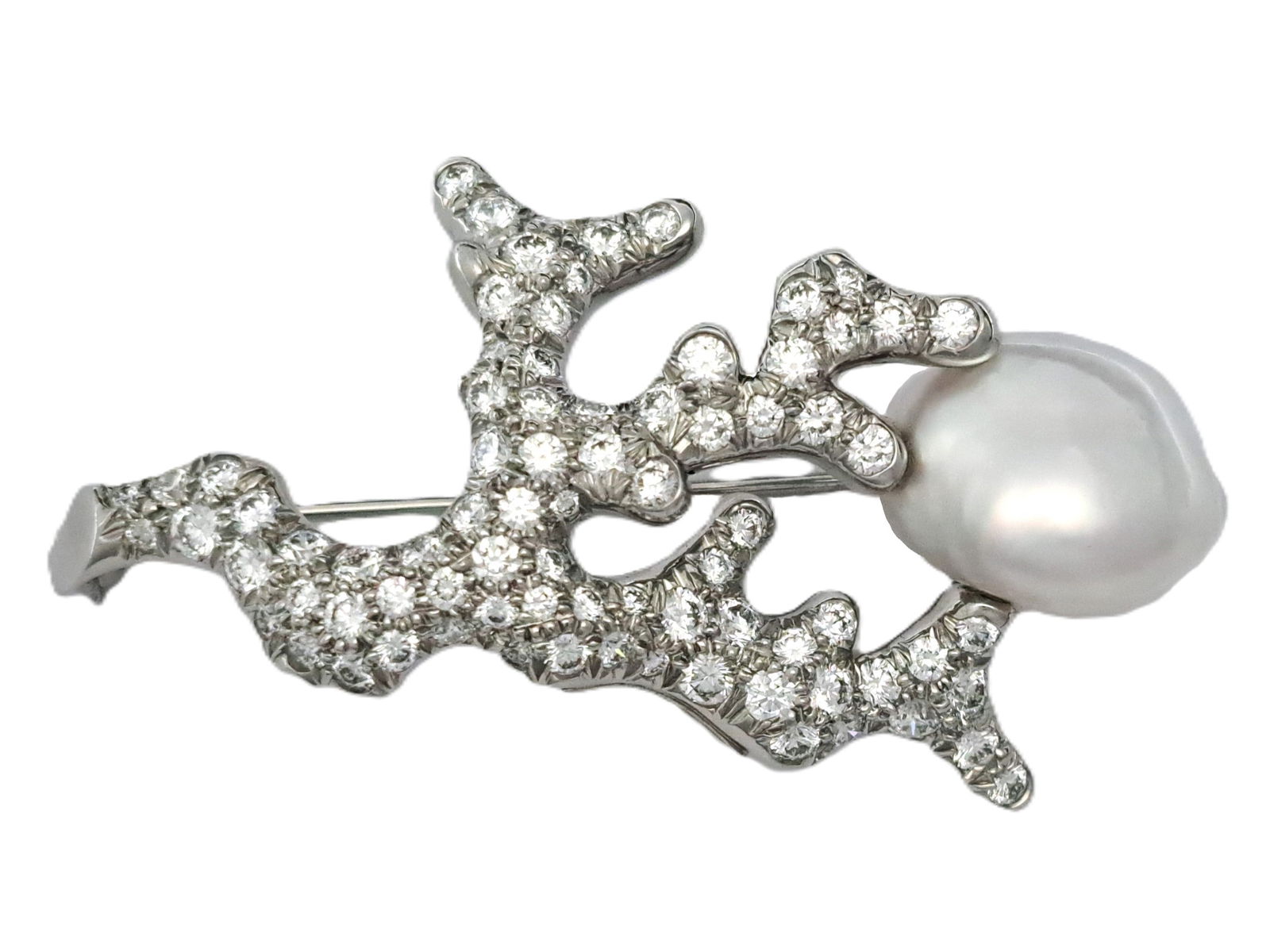 Tiffany Co 3ctw Ultra Fine Diamond Baroque Pearl Freeform Coral Ladies Brooch Pin (1 of 7)