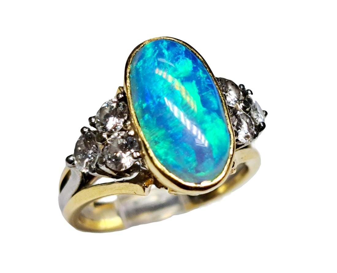 GIA Natural Australian Opal Platinum 18K Yellow Gold Fine Diamond Signed ED Ring (1 of 6)
