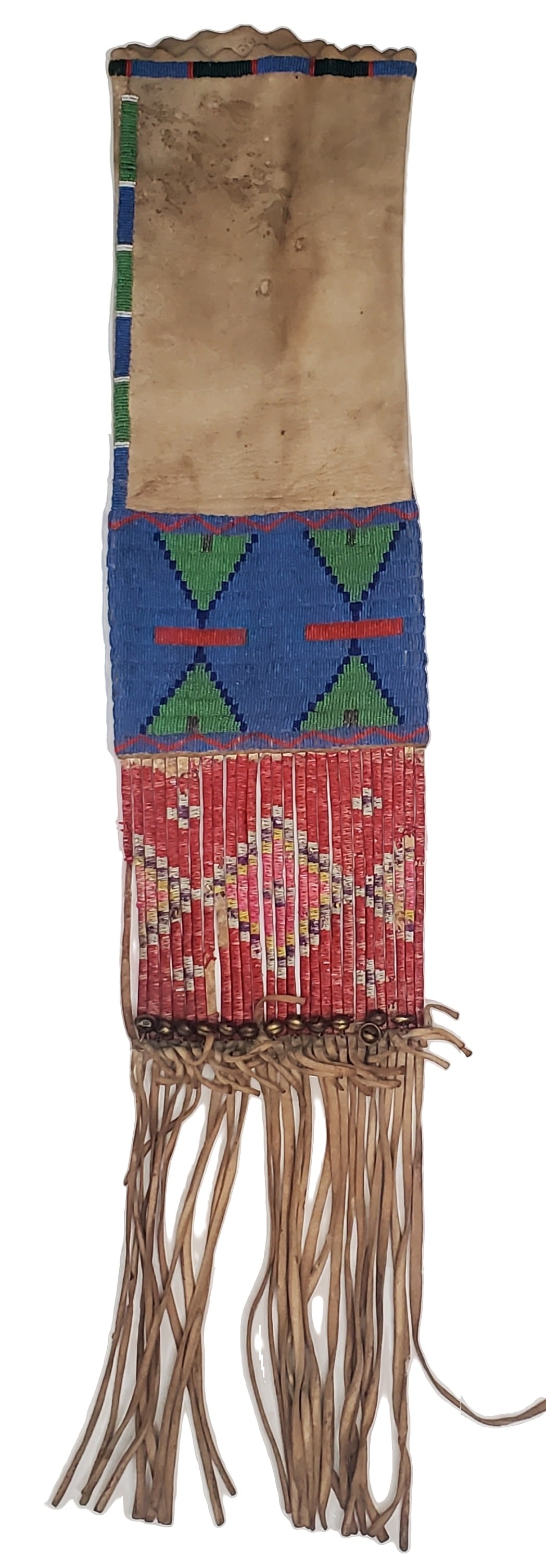 Large Native American Old Sioux Tobacco Beaded Hide Bag Bells Patterns 36in (1 of 8)