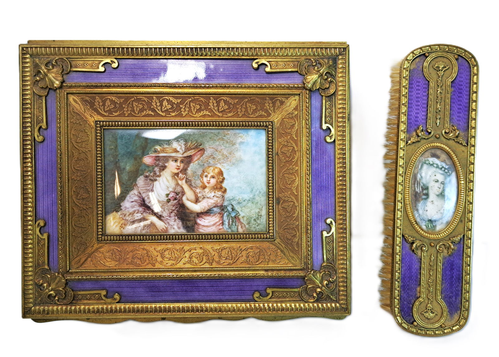 Antique French Bronze Gilt Purple Enamel Guilloche Painted Mother and Child Portrait Vanity Box w Br (1 of 15)