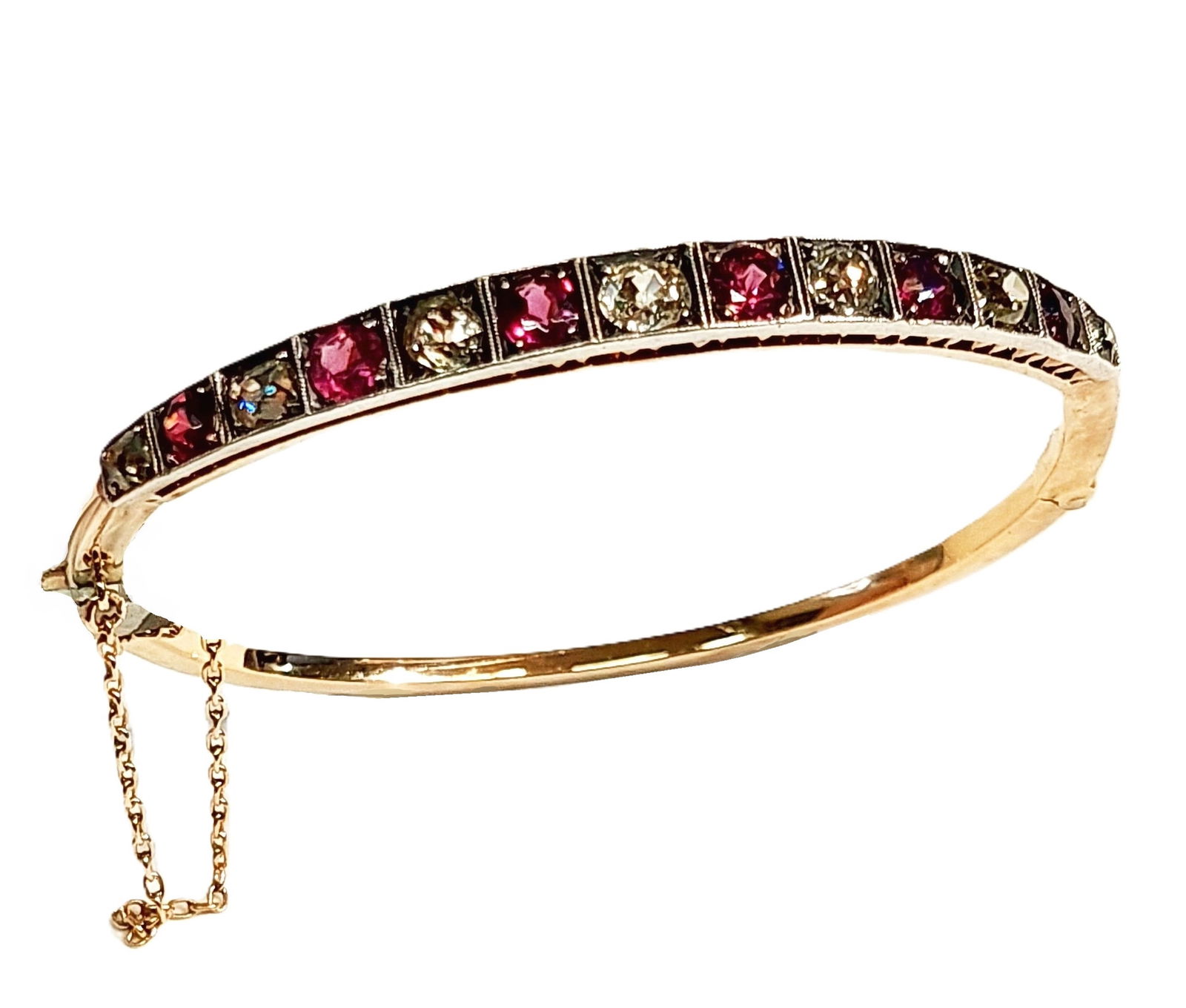 Antique Old Miner Diamond Fine Natural Ruby 14k Gold Hinged Bangle Bracelet 7 inch (1 of 8)