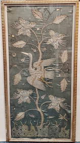 Large Chinese Export Metallic Thread Embroidered Silk Circa Late Qing Crane Embroidery Applique Text (1 of 8)