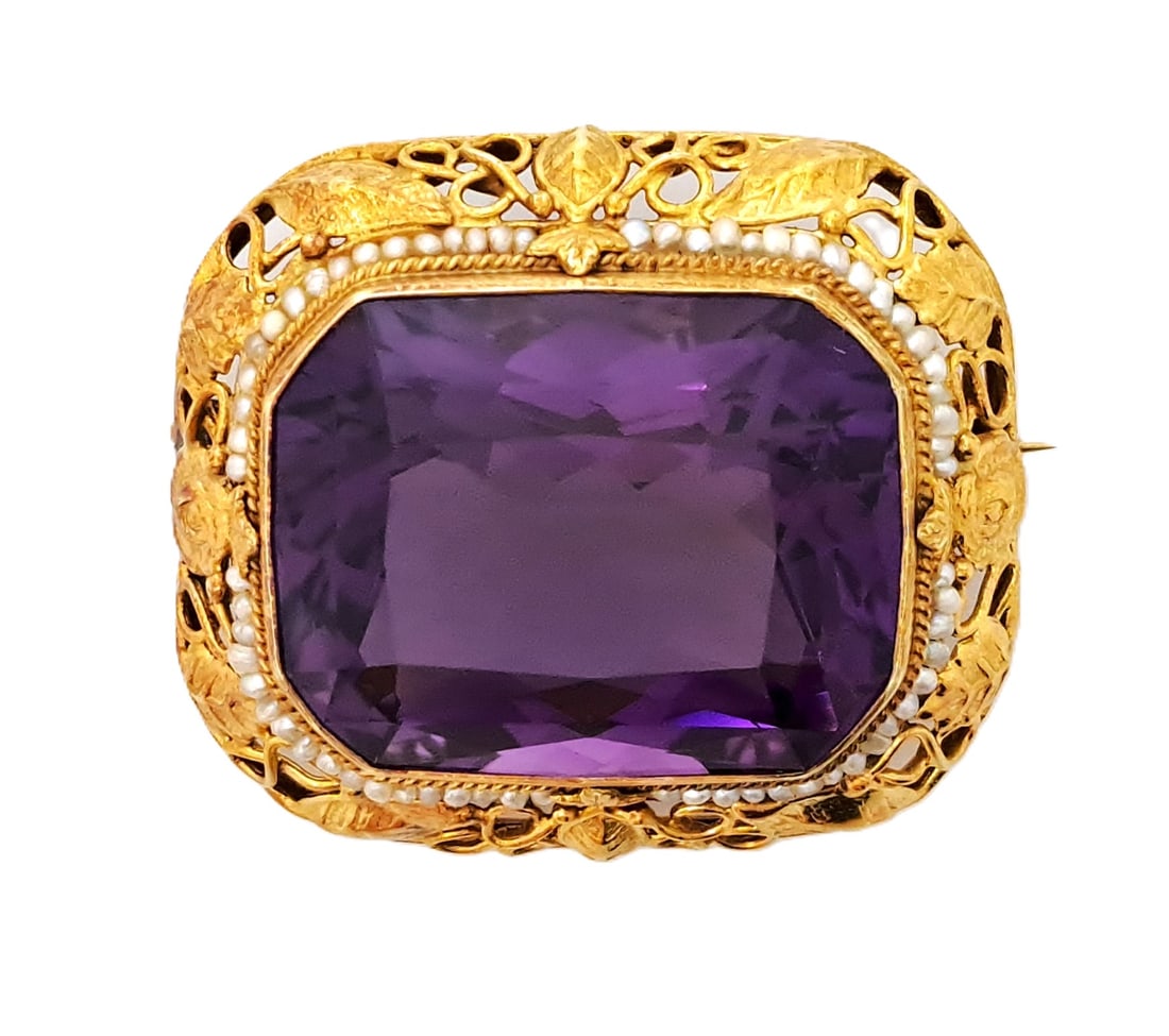 Exquisite Deep Purple Victorian 40CT Amethyst Gold Filigree Natural Seed Pearl Brooch (1 of 6)