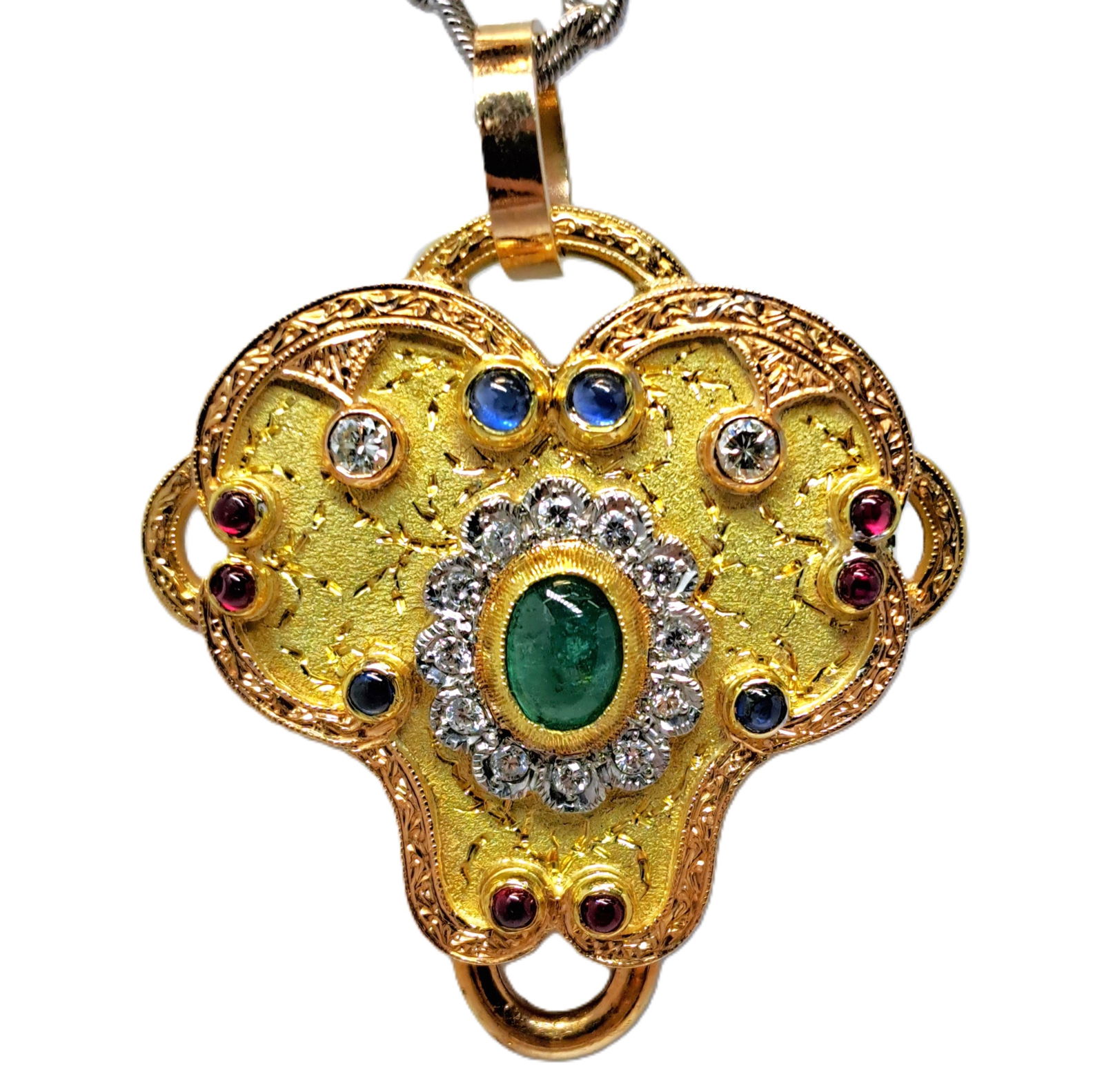 Rare Angelo Cazzaniga Roma 18k Gold Diamond Emerald Ruby Sapphire Brooch Pendant Necklace (1 of 6)