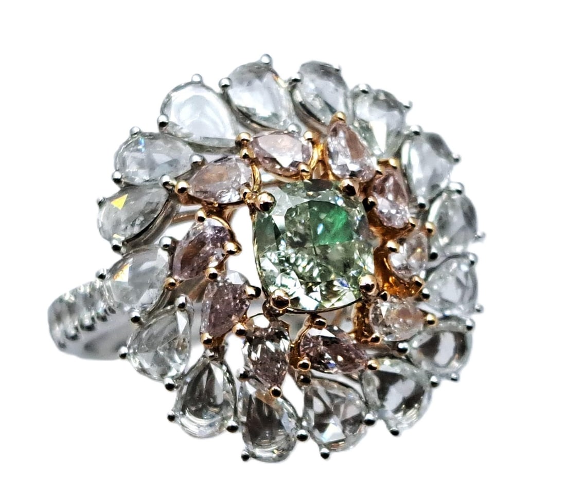 GIA Natural Green Diamond Ring Surrounded By 0.70ctw Natural SI Pink Diamonds 1.23ctw Pear Rose Cuts (1 of 8)