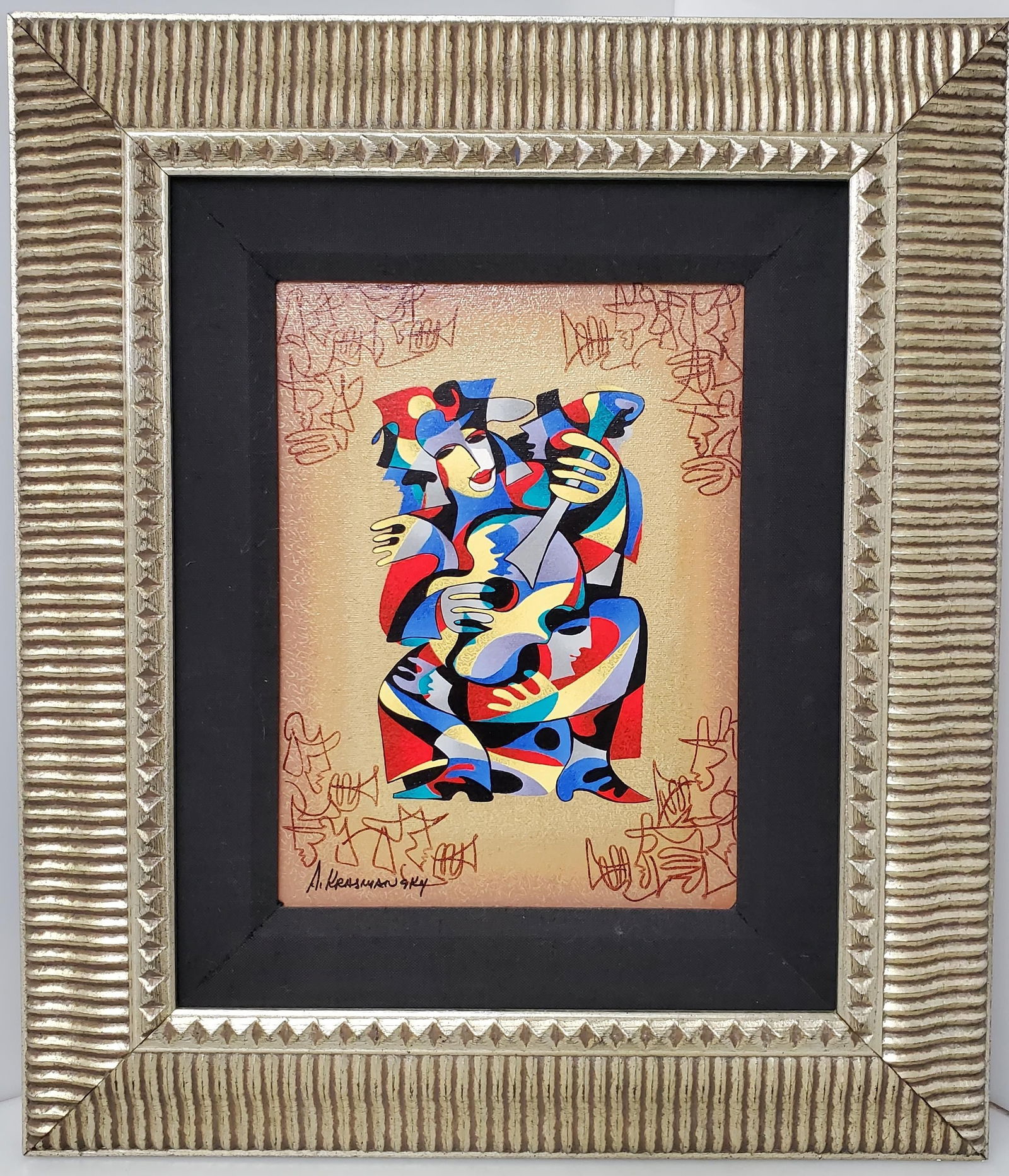 Anatole Krasnyansky Musician Guitar Color Serigraph on Canvas w Artists Hand Drawings: Described By: Michelle CNX 1687 8478 Title: Anatole Krasnyansky Musician Guitar Color Serigraph on Canvas w Artists Hand Drawings Description: Anatole Krasnyansky Musician Guitar Color Serigr