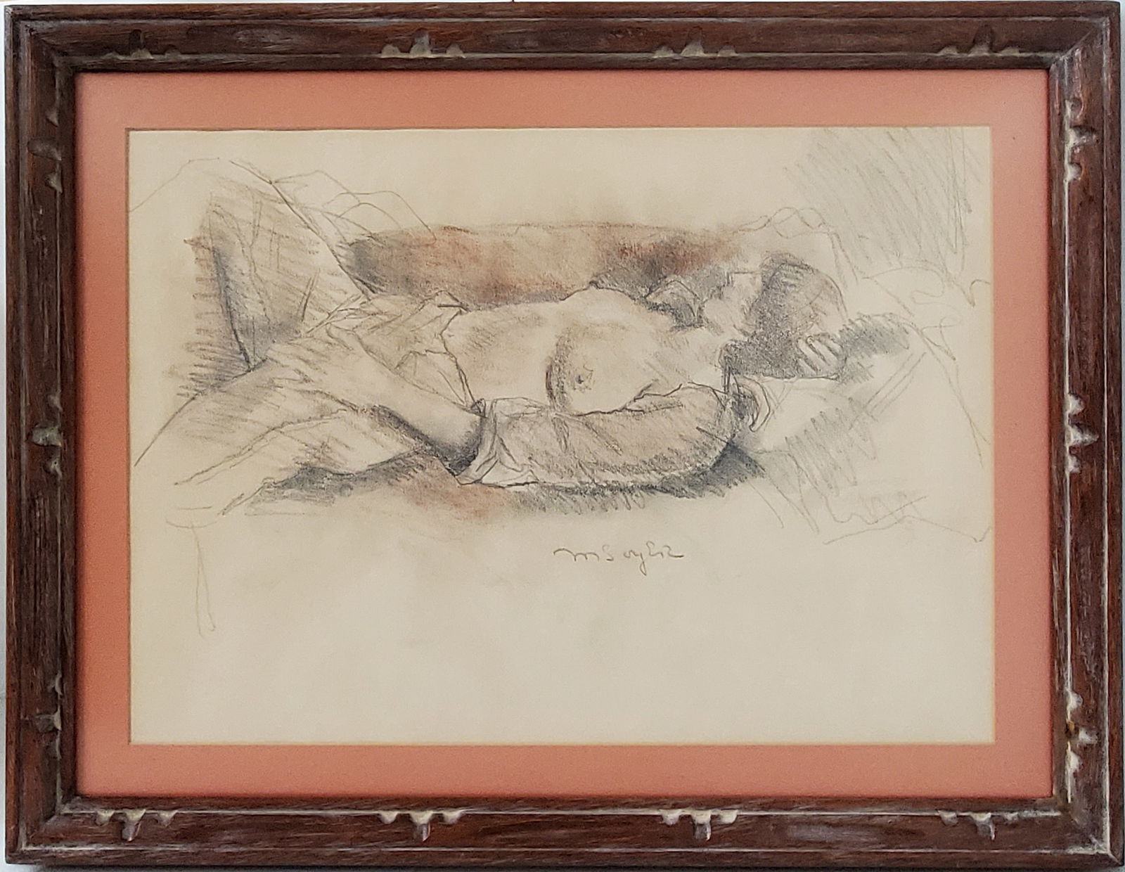 Moses Soyer Reclining Nude Female Drawing Sepia Crayon 15x21 Sight Carved Frame WPA Collection NY La: Described By:Michelle CNX VX 0154 0327 Title:Moses Soyer Reclining Nude Female Drawing Sepia Crayon 15x21 Sight Carved Frame WPA Collection NY Label Russian Jewish Judaica Description: Moses Soyer Rec