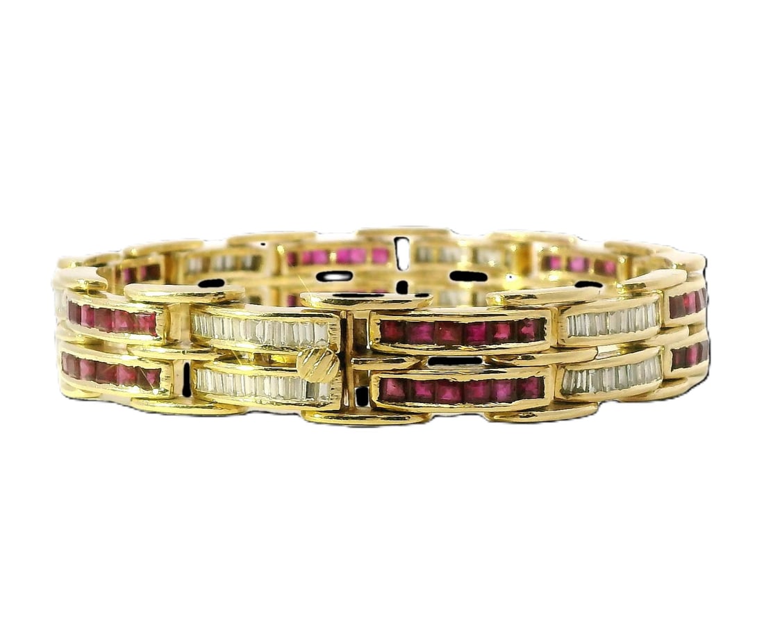Approx. 4ctw Natural Ruby 3.25ctw Fine Diamond Ladies 14k Gold Wide Vintage Bracelet (1 of 7)
