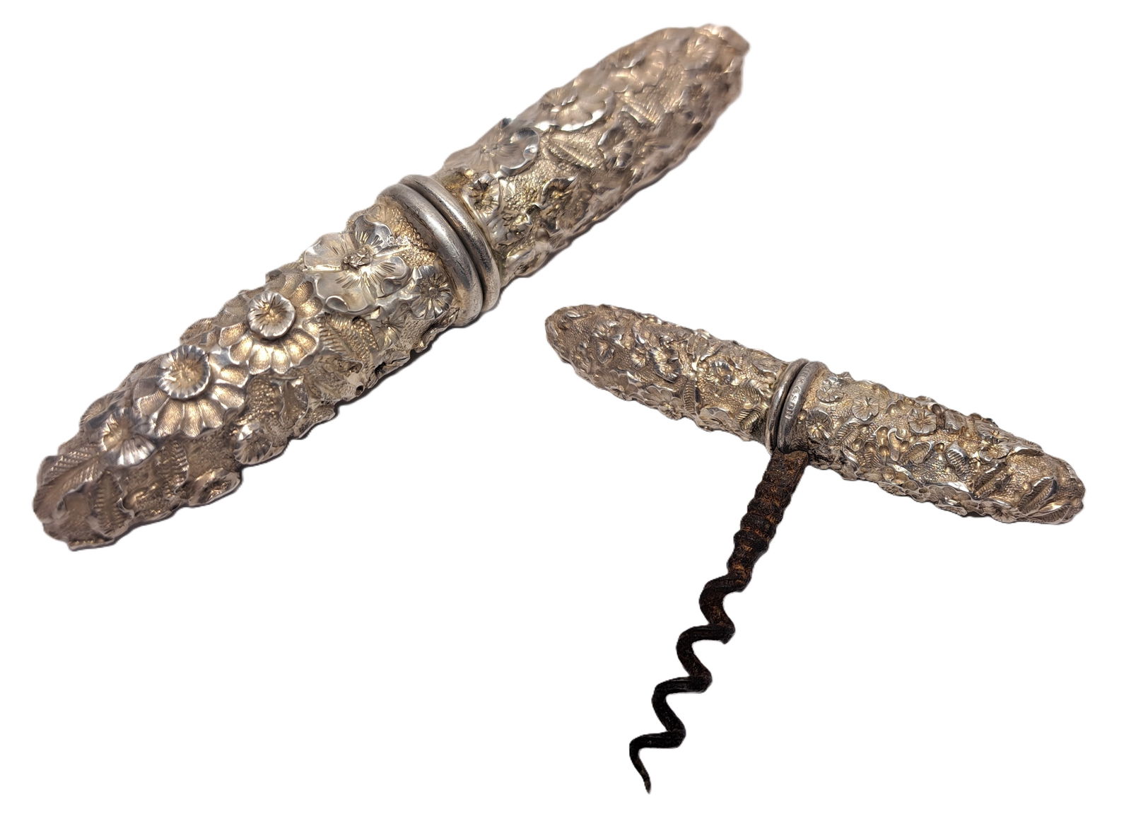 Scarce S Kirk & Son Early 925 Sterling Silver Repoussé Corkscrew Detachable Bottle Opener (1 of 9)