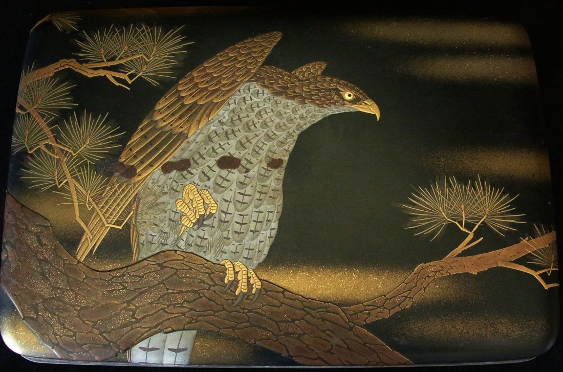 Large Signed Japanese Lacquer Box with Bird of Prey: Large Signed Japanese Lacquer Box with Bird of Prey Description: Provenance Florida Gulf Coast Collection of Chinese, Japanese and Southeast Asian Pottery Porcelain Ivory Bronze Sculpture Furniture
