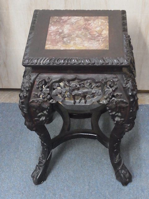 Chinese Carved Rose Wood Marble Top Signed Or Inscr: Chinese Carved Rose Wood Marble Top Signed Or Inscribed Plant Stand Table Tabouret Provenance Florida Gulf Coast Collection of Chinese, Japanese and Southeast Asian Pottery Porcelain Ivory Bronze Scul