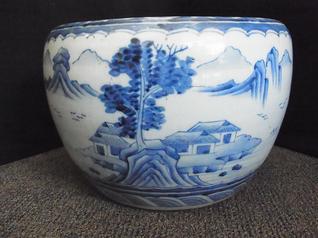 Large Hand Painted Blue and White Koi Fish Bowl Pl: Large Hand Painted Blue and White Koi Fish Bowl Planter Jardinière Japanese or Chinese Pottery Ceramic Porcelain with Landscape Harbor Motif 10 1/2” High with Provenance from Florida Gulf Coast Col