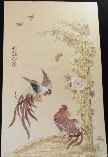 Signed Chinese or Japanese Silk Embroidered Tapestry Wa: Signed Chinese or Japanese Silk Embroidered Tapestry Wall Hanging Panel Wall Hanging Fighting Cocks with Butterflies Birds & Bamboo 36 ¼” Tall Provenance Florida Gulf Coast Collection of Chinese Ja
