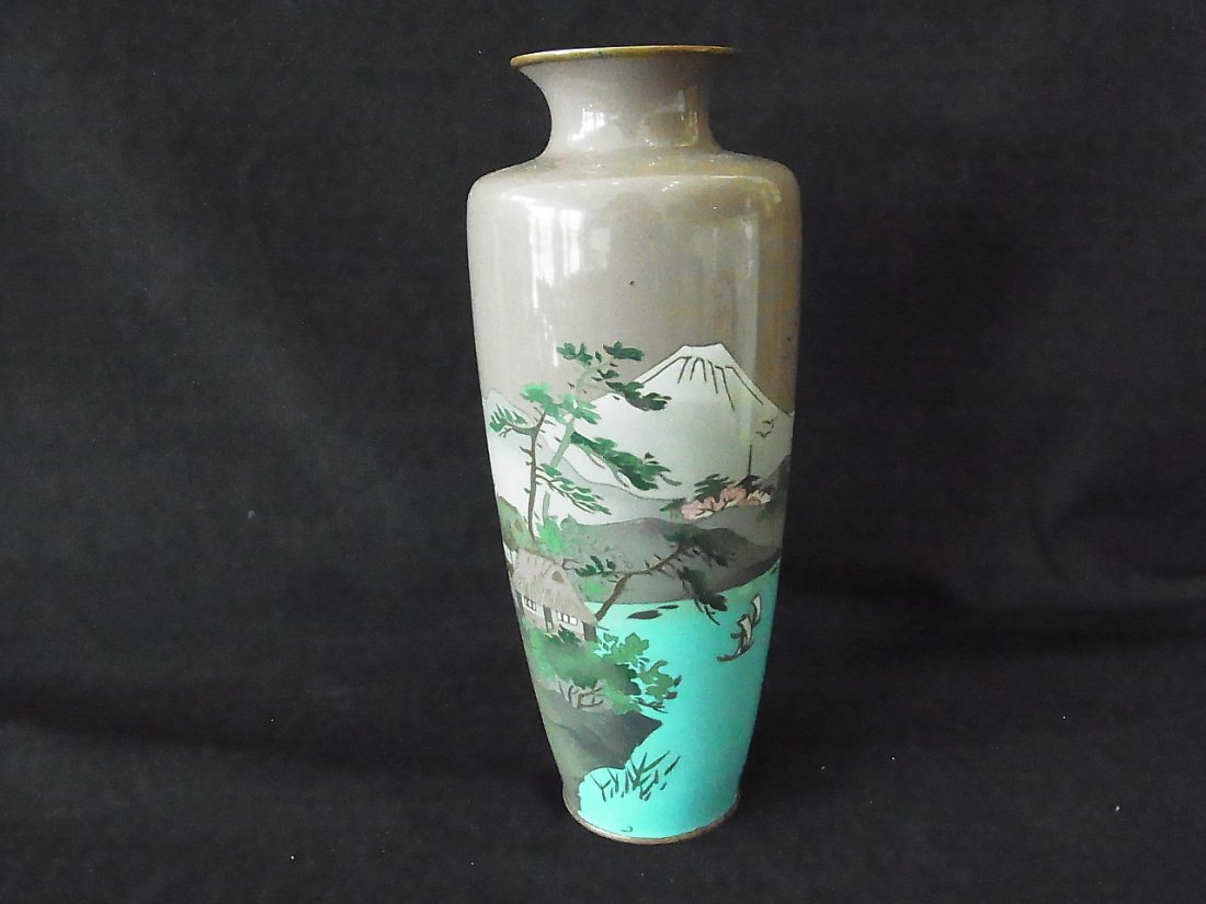 Japanese Mount Fuji Harbor Landscape 12” Tall Clois: Japanese Mount Fuji Harbor Landscape 12” Tall Cloisonné Vase Probably Late Meiji or Showa from Florida Gulf Coast Collection of Chinese Japanese and Southeast Asian Pottery Porcelain Ivory Bronze S