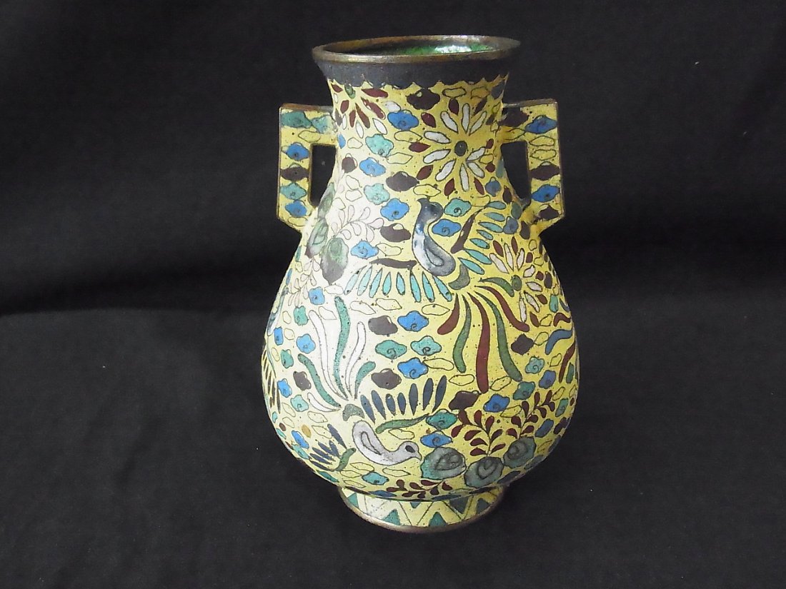 Signed 7 1/4” High Japanese or Chinese Cloisonné Va: Signed 7 1/4” High Japanese or Chinese Cloisonné Vase Possible Persian Islamic Influence from Florida Gulf Coast Collection of Chinese Japanese and Southeast Asian Pottery Porcelain Ivory Bronze Sc
