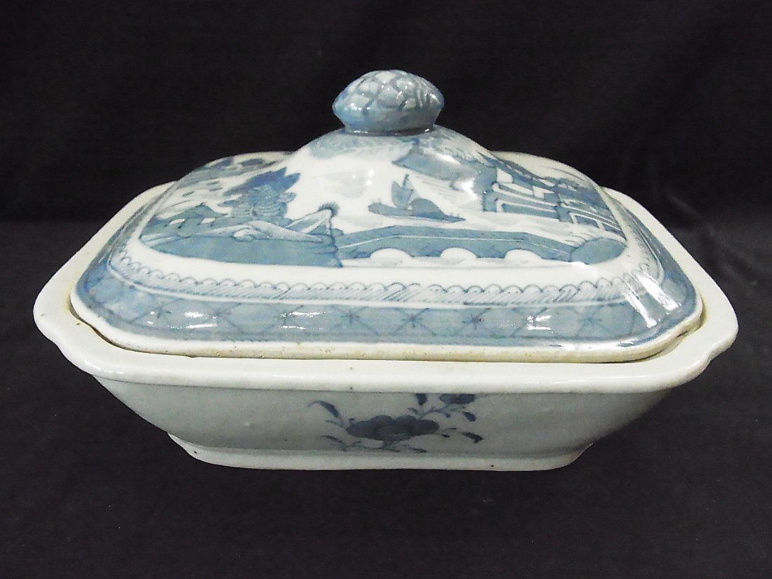 Antique Canton Chinese Export Ceramic Pottery Porce: Antique Canton Chinese Export Ceramic Pottery Porcelain Hand Painted Blue & White Scenic Rectangular Scalloped Corner Covered Serving Dish Soup Tureen Bowl with Inset Lid from Florida Gulf Coast Colle