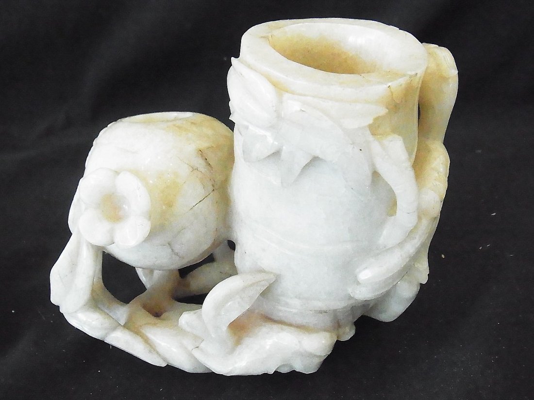 Old White to Rose Pink Jadeite Jade or Quartz Ink: Old White to Rose Pink Jadeite Jade or Quartz Ink Well Brush Pot or Quill Pen Holder Birds and Blossoms 4 1/2” High from Florida Gulf Coast Collection of Chinese Japanese and Southeast Asian Pottery