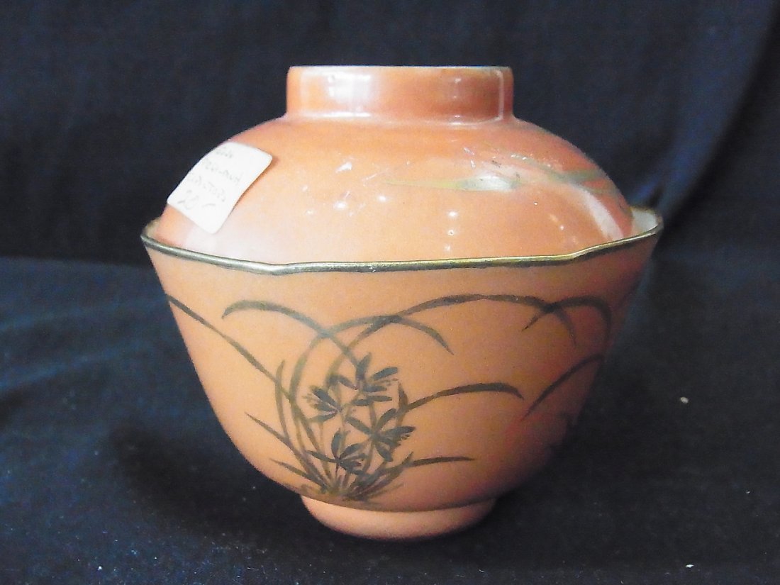 Chinese Porcelain Signed Salmon Color Teacup and: Chinese Porcelain Signed Salmon Color Teacup and Saucer Set with Gilt Decoration and Old Collectors Tag from Florida Gulf Coast Collection of Chinese, Japanese and Southeast Asian Pottery Porcelain Iv