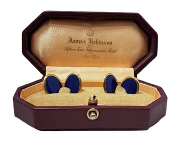 18k Yellow Gold James Robinson Guilloche Enamel Cufflinks W/ Original Box
