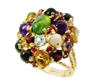 Midcentury 14k Gold Colorful Multi Gemstone Tutti Frutti Domed Statement Ring