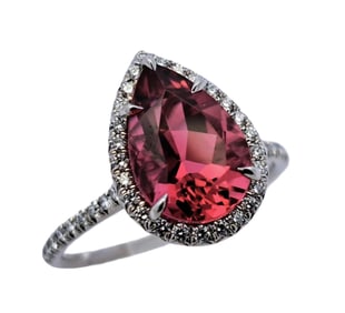 Tiffany Co Rubellite Tourmaline Soleste Pear Halo Diamond Platinum Signed Numbered Size 9.5 Ring