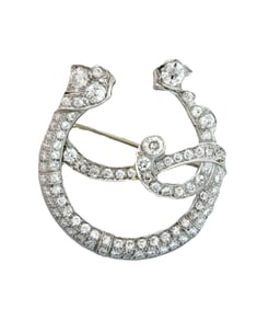 Art Deco Platinum Horseshoe Ribbon Motif Fine Old Euro Diamond Period Brooch