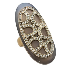 Finely Crafted 18k Gold Fine White Diamond Chalcedony Long Heavy Ring