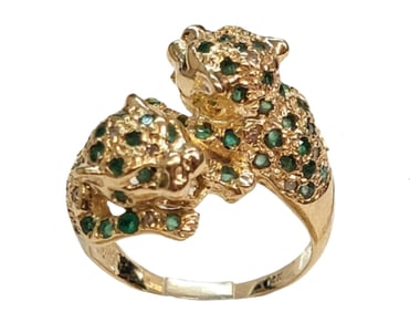14k Gold Natural Emerald Diamond Panther Ladies Ring in the Style of Cartier