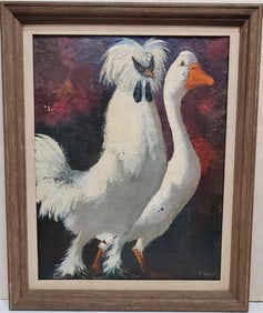 Unusual Painting from Prestigious Frank J. Oehlschlaeger Sarasota FL Gallery Oil on Canvas Chicken