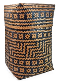 Cherokee Native American Hand Woven Lidded Dichromatic Geometric Wicker Reed Basket