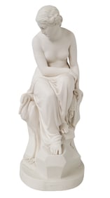 John Lawlor 1852 Statue 20 inch Porcelain Bisque Neoclassical Sculpture Nude Female Solitude Victori