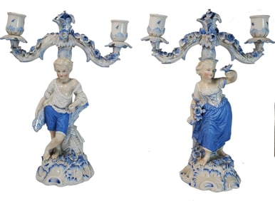 Pair 11x9in Meissen Dresden Type Vintage to Antique Porcelain Figural Statue Courting Lovers Candela