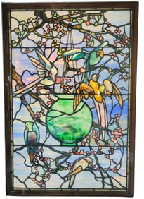 Lg Orig Appraised As Tiffany Favrile Window Koi Parrots Blossoms 50x34 in Art Nouveau See Prov