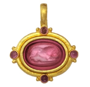 Heavy Elizabeth Locke Pink Intaglio Lion 19k Gold Hand Hammered Large Enhancer Pendant
