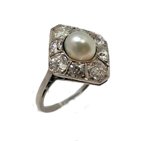 Rare GIA Natural Pearl Platinum Ladies Ring w/ 8 Old Euro Diamonds Approx. 1.60ctw Size 6