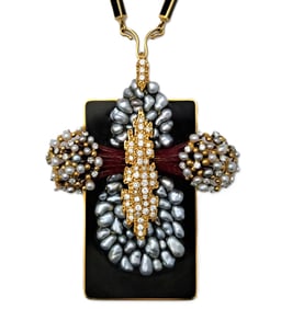 Unique One of A Kind Mikimoto Natural Pearl 18K Gold Enamel Lacquer Necklace By Koutaku Takabatake