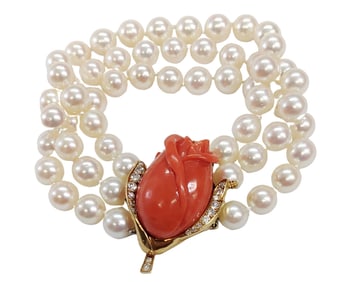 Retro Deco Cartier 18k Gold Natural Coral Diamond Akoya Pearl Signed & Numbered 3-Strand Bracelet