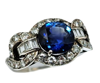 GIA 3.4ct Burma No Heat Round Sapphire Art Deco Ring
