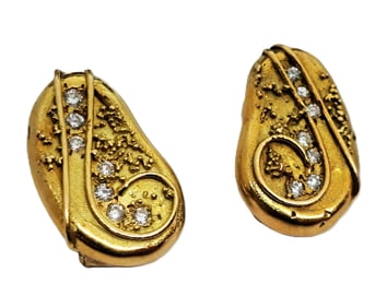 Elizabeth Gage Hand Hammered 18k Gold Diamond Pierced Omega Back Earrings