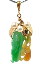 Chinese 14k Yellow Gold Tri Color Jade Moss in Snow to Orange Carved Cultured Akoya Pearl 7.34g 1.6