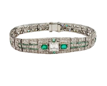 Exquisite Art Deco 1.25ct Old Asscher Cut Center Diamond Ultra Fine Emerald Platinum Bracelet