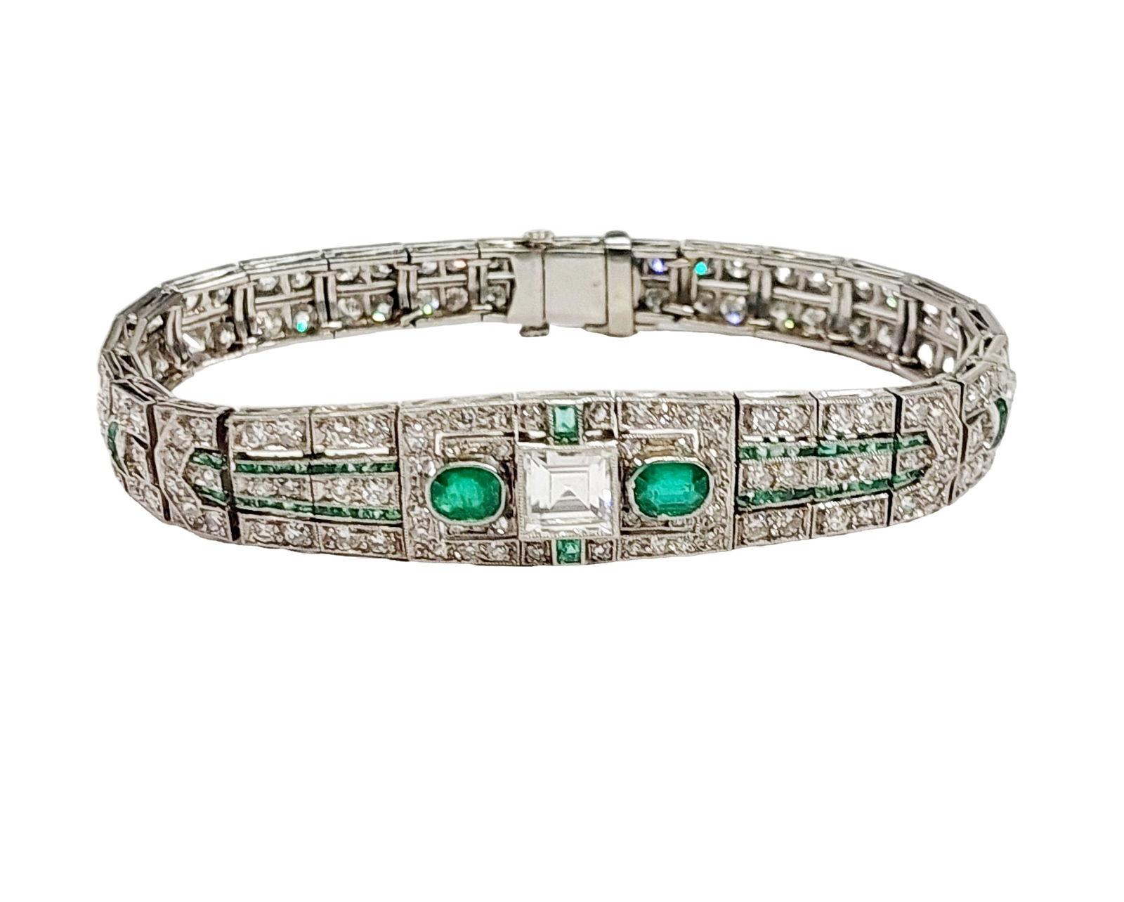 Exquisite Art Deco 1.25ct Old Asscher Cut Center Diamond Ultra Fine Emerald Platinum Bracelet (1 of 9)