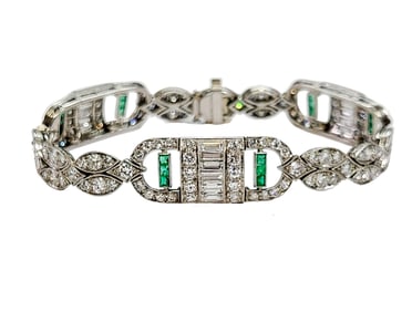 Art Deco Era Hi Quality Diamond Natural Emerald Platinum Approx. 7ctw Bracelet 1930s Stunner
