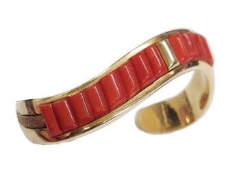 Harvey Begay Navajo Heavy 14k Gold Coral Cornrow Inlay Native American Artisan Cuff Bracelet