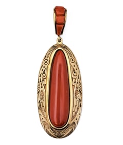 Andy Lee Kirk Isleta Pueblo Coral Long 14k Gold Pendant Beautiful Inlay Work Native American