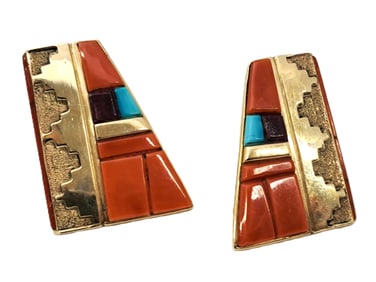 Jesse Monongya Hopi Navajo 14k Gold Inlay Coral Terraced Clouds Clip Earrings Native American