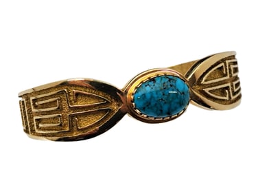 Al Nez Navajo Turquoise Native American Heavy 14k Gold Textured Cuff Bracelet